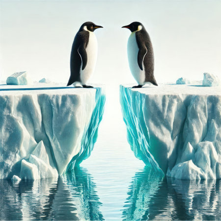Two penguins on separated ice floesの素材