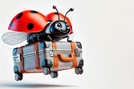 Ladybug with a suitcase on a trip. Space for textの素材