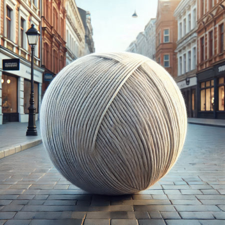 A huge ball of thread on an empty city streetの素材