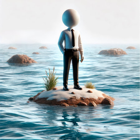 A man in a suit stands on a tiny island in the waterの素材
