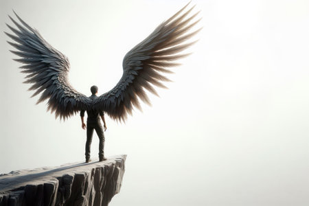 A man with wings stands on the edge of a cliff. Space for textの素材