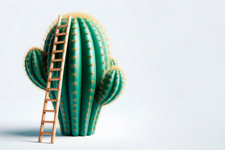 Cactus with a ladder on a light background. Space for textの素材