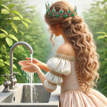 A crowned princess washes her hands in the gardenの素材