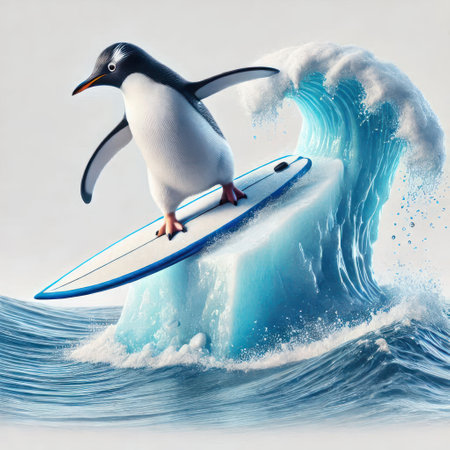 Penguin on a surfboard on an ice waveの素材
