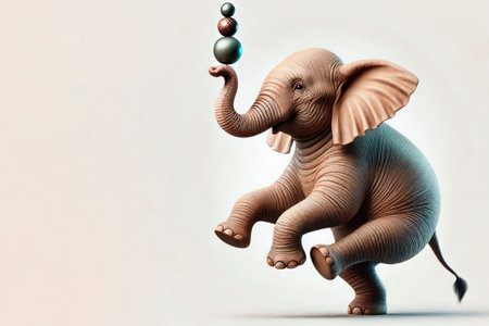 A small elephant juggles balls on a light background. Space for textの素材