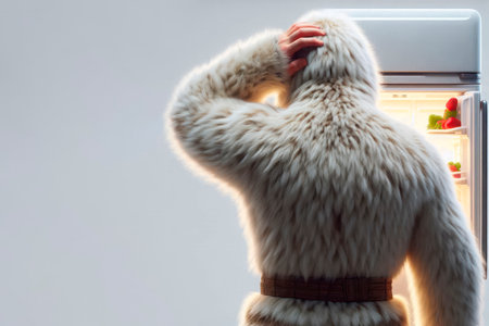 A man in woolen clothes in front of an open refrigerator. Space for textの素材