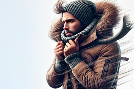 A man in winter clothes in a strong wind. Space for textの素材