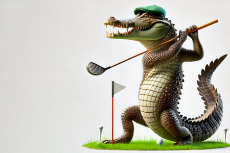 Crocodile playing golf on grass. Space for textの素材
