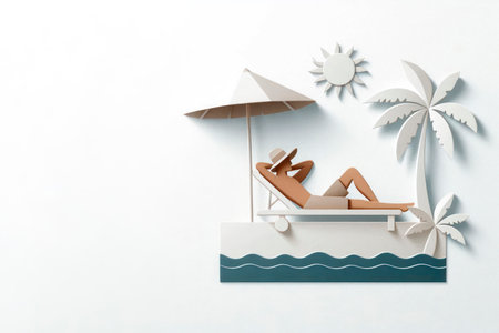 Man relaxing under umbrella on beach, paper style. Space for textの素材