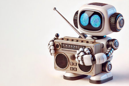 A cute robot with a retro radio in his hands. Space for textの素材
