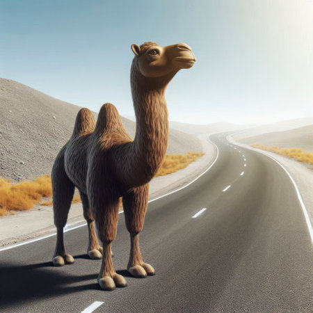 Camel on the road in the desertの素材
