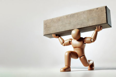 Mannequin holding a concrete block on a light background. Space for textの素材