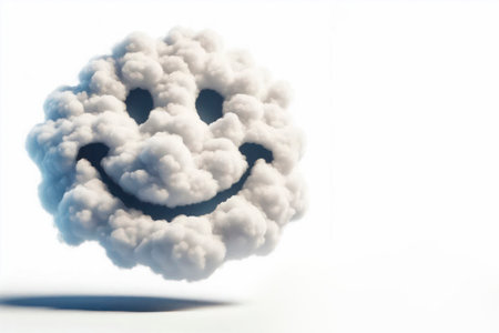A cloud in the shape of an emoji with a smile. Space for textの素材