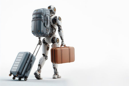 A robot with suitcases going on a journey. Space for textの素材