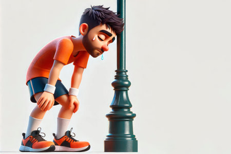 A tired runner leans on a lamppost after a run. Space for textの素材