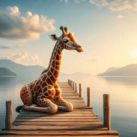 Giraffe sitting on the pier in the rays of the sunsetの素材