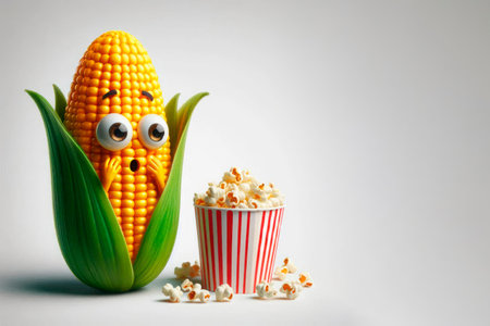 A frightened ear of corn next to a bucket of popcorn. Space for textの素材