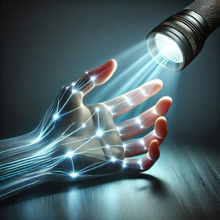 Digital hand with flashlight illumination on a dark backgroundの素材