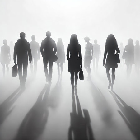 People in fog with long shadowsの素材