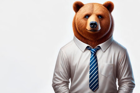 Bear in a white shirt and blue tie on a light background. Space for textの素材