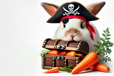 A pirate rabbit with a chest full of carrots. Space for textの素材