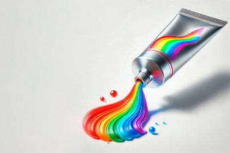 A tube of paint releases a bright rainbow. Space for textの素材