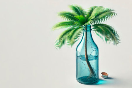 A palm tree growing from a glass bottle. Space for textの素材
