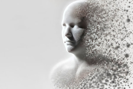 A disintegrating human figure consisting of dots. Space for textの素材