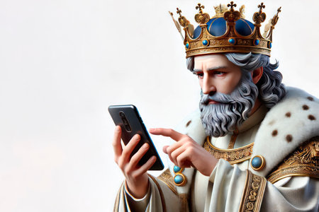 A king with a crown and a smartphone. Space for textの素材