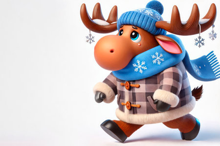Moose in winter clothes with snowflakes. Space for textの素材
