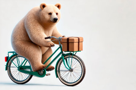 A bear carries a gift on a bicycle. Space for textの素材