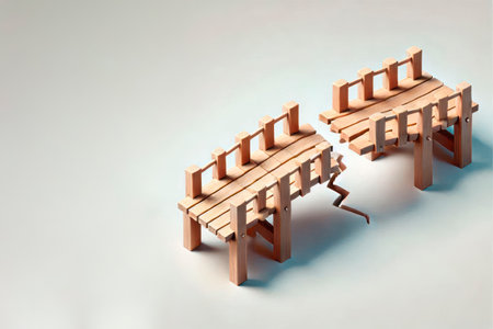 A wooden bridge cracked in half on a light background. Space for textの素材