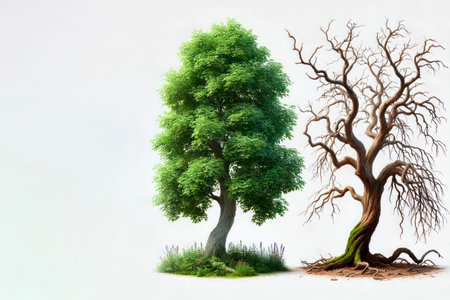 The contrast of two trees: green and dry. Space for textの素材