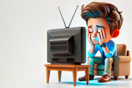 A sad boy in front of an old TV. Space for textの素材