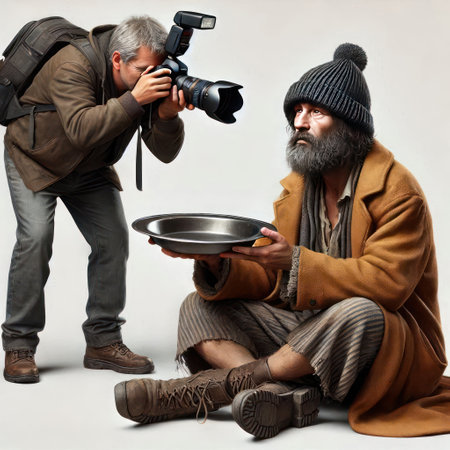 A photographer takes a picture of a homeless man with a begging bowlの素材