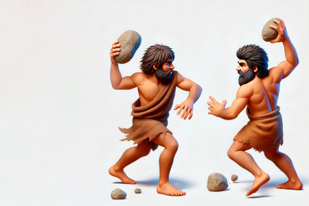 Two primitive men throw stones. Space for textの素材