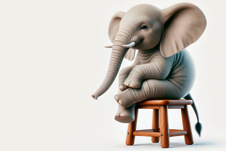 A small elephant is sitting on a stool on a light background. Space for textの素材