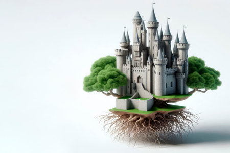 A flying castle with roots and trees. Space for textの素材