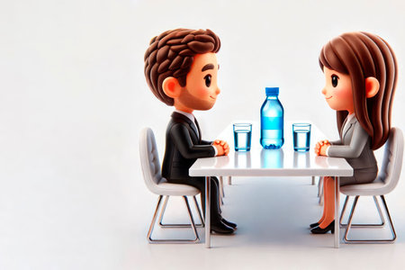 A business meeting of two characters at the table. Space for textの素材