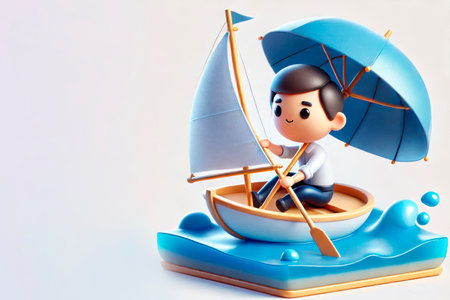 Man in a boat under an umbrella in the water. Space for textの素材