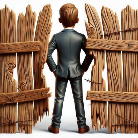 A man in a suit stands near a broken fence. Space for textの素材