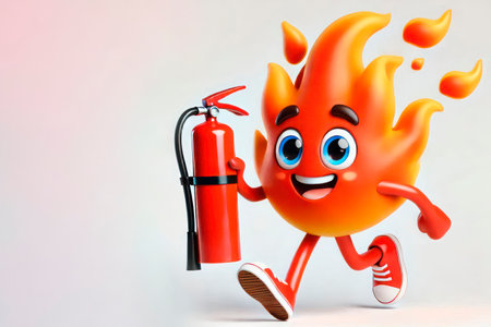 Fire running with a fire extinguisher. Space for textの素材
