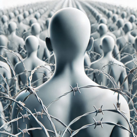 People are surrounded by barbed wire and go into the distanceの素材