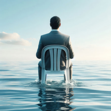 A man in a suit is sitting on a chair in the middle of the waterの素材