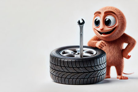 An abstract creature with a car wheel and a wrench. Space for textの素材