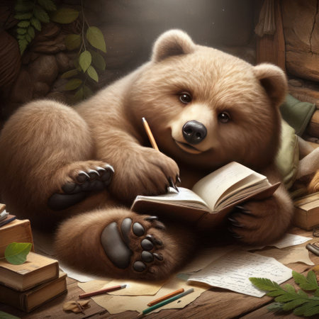 A bear cub with a pencil writes in a bookの素材