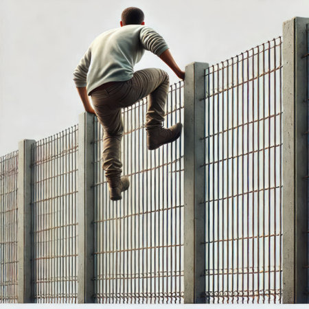 A man climbs over a high fenceの素材