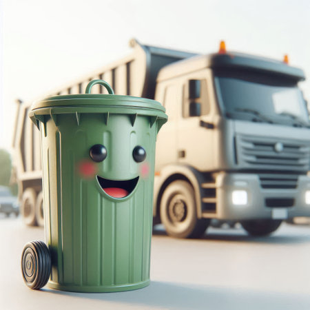 A joyful garbage can against the background of a garbage truckの素材