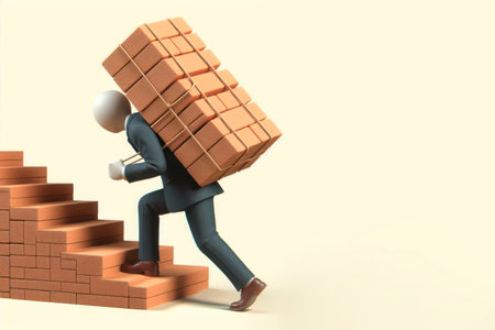 A man in a suit carries bricks up the stairs. Space for textの素材