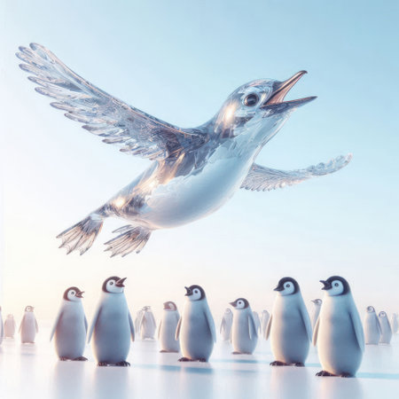 A glass bird flies over a group of penguinsの素材